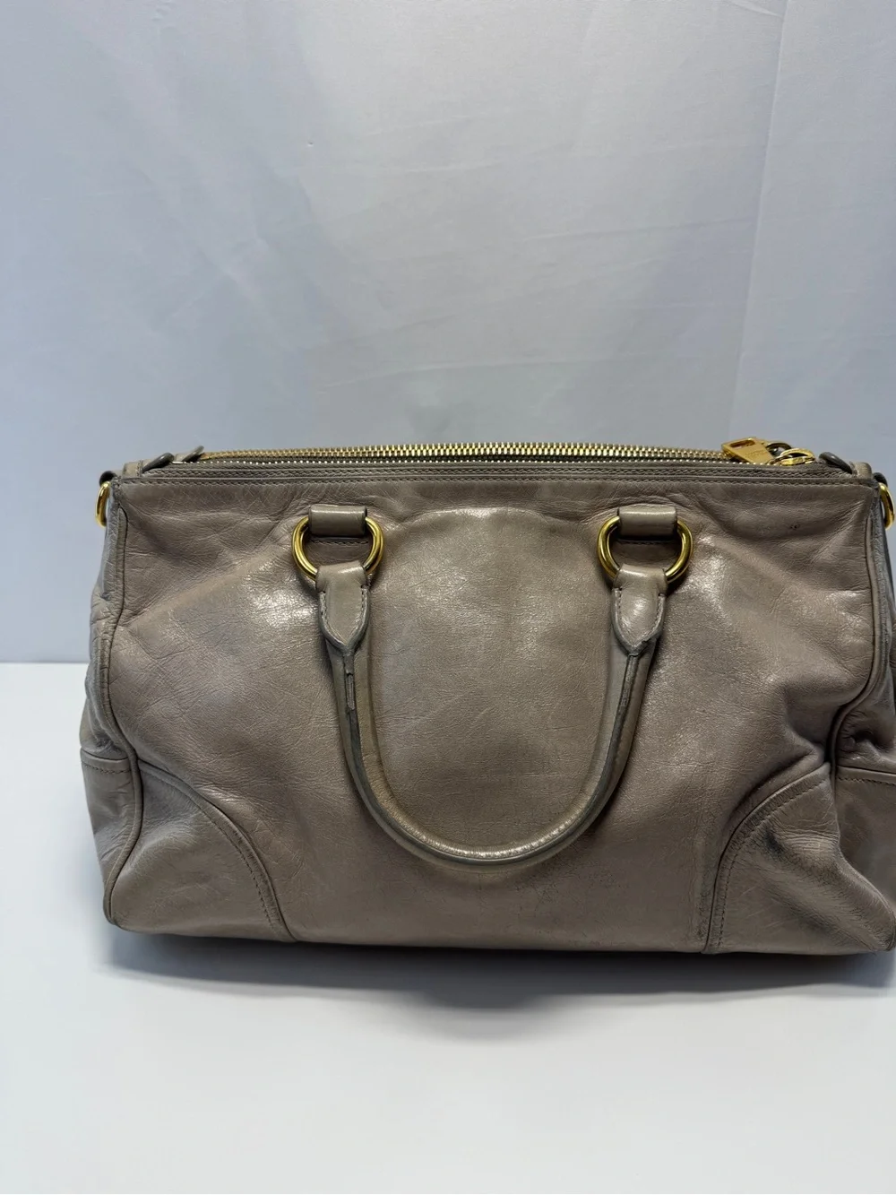 Prada Metallic Taupe Leather Satchel with Gold Hardware